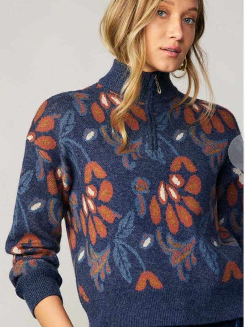 Current Air Brielle Jacquard Half-Zip Floral Knit Sweater Denim Blue and Rust